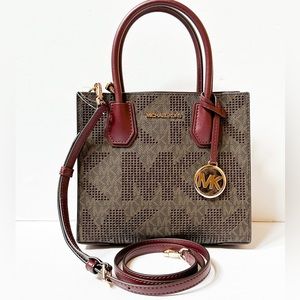 Michael Kors Mercer Medium Satchel Messenger Bag MK Laser Cut Brown Merlot